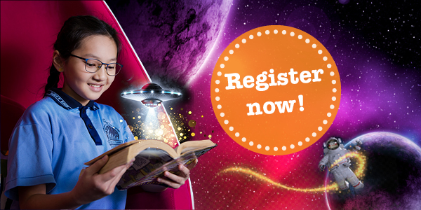 Girl reading with backdrop of space, with text: Register now!
